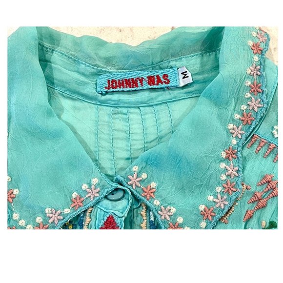 Gorgeous Johnny Was Floral Embroidered Blouse ~ Tiffany Blue ~ Boho Chic - Picture 9 of 14